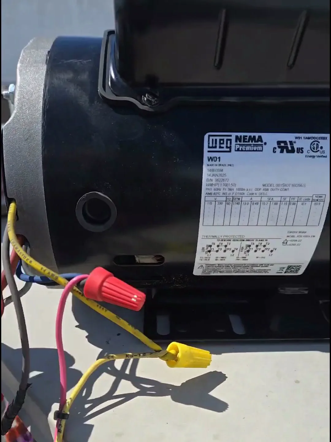 El motor de reemplazo WEG NEMA Premium ya conectado en el techo — los conectores siguen el diagrama de 115/230 V que también fija el sentido de giro.