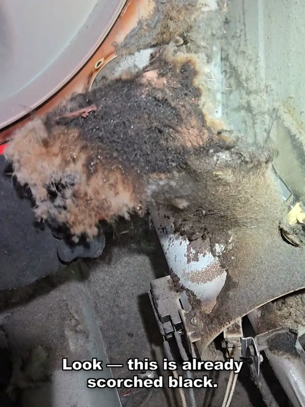 Pelusa dentro del gabinete de la secadora carbonizada y negra alrededor de la fuente de calor, donde un incendio ya había comenzado.