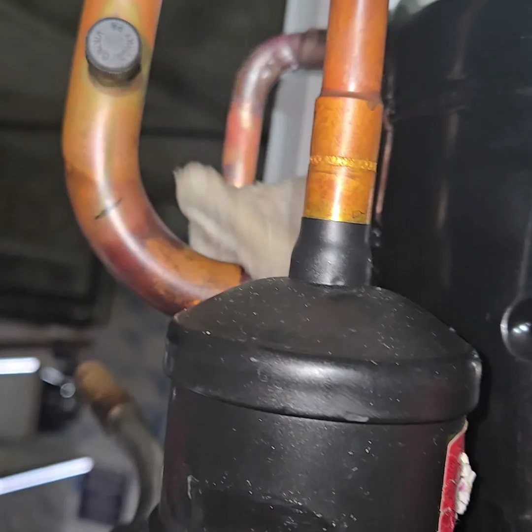 Fresh brazed joint on the copper line after the leak repair