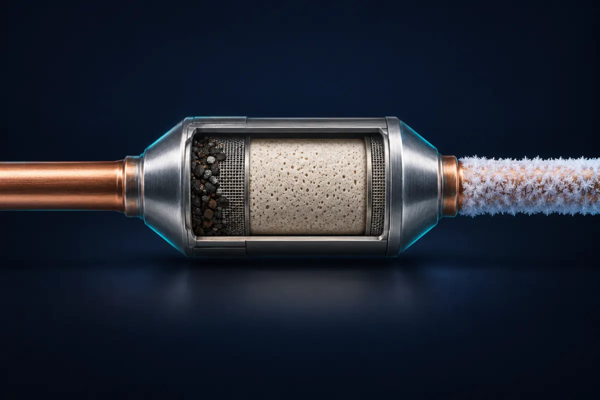 Illustration of a filter drier cut open on a copper liquid line, with debris packed against the inlet screen, the desiccant core inside, clean copper going in and frost on the copper coming out; not a photograph of an Epic Star job