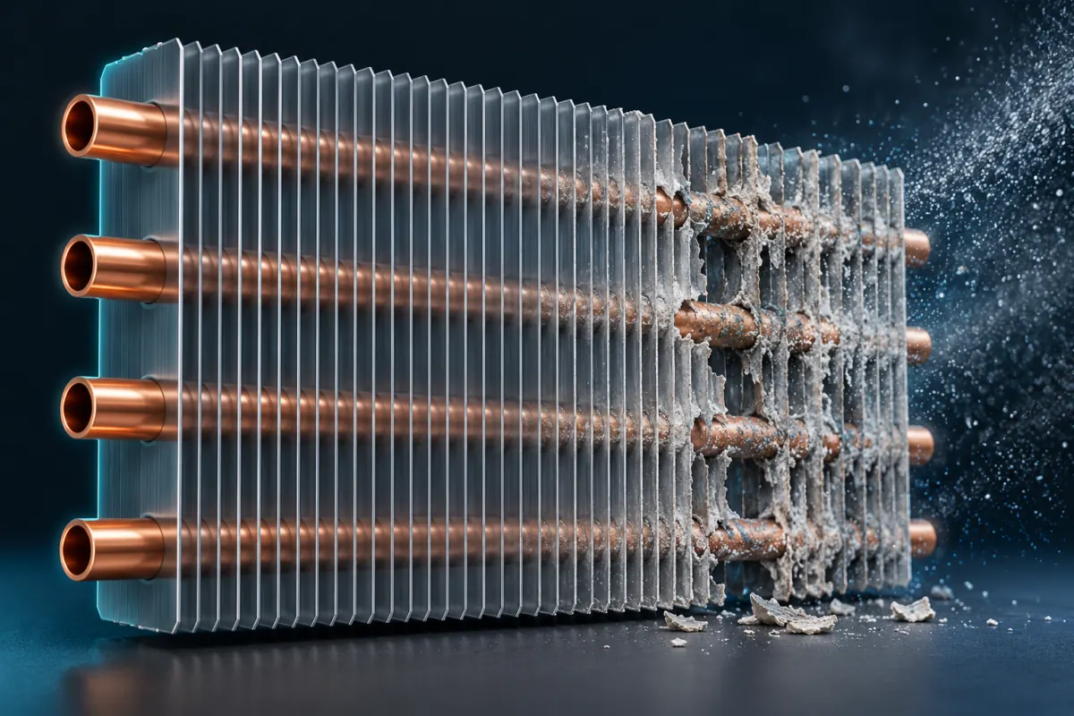 Illustration of a section of condenser coil, copper tubes through aluminum fins, clean on the left and corroded by salt on the right, with crumbling fins and white powder; not a photograph of an Epic Star job