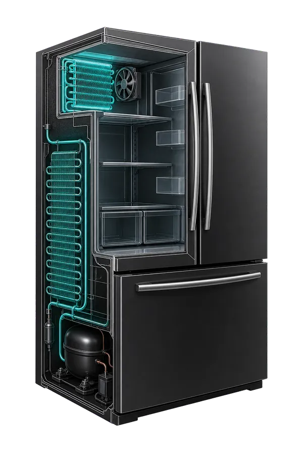 Ilustración estilizada en corte de un refrigerador; las piezas no están identificadas