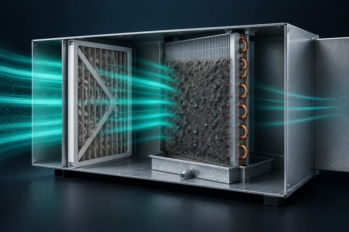 Illustration of an air handler cut open, with a dust-loaded filter and a dust-matted evaporator coil holding back the airflow; not a photograph of an Epic Star job