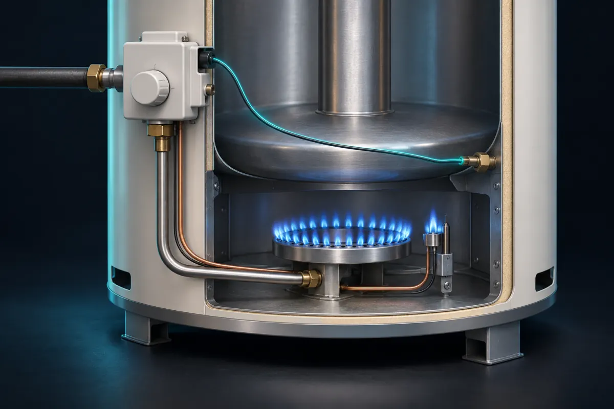 Ilustración en corte de la parte baja de un calentador de agua a gas con tanque, con el quemador y el piloto encendidos y un pequeño sensor de temperatura roscado en la cámara de combustión, conectado a la válvula de control de gas; no es una fotografía de un trabajo de Epic Star