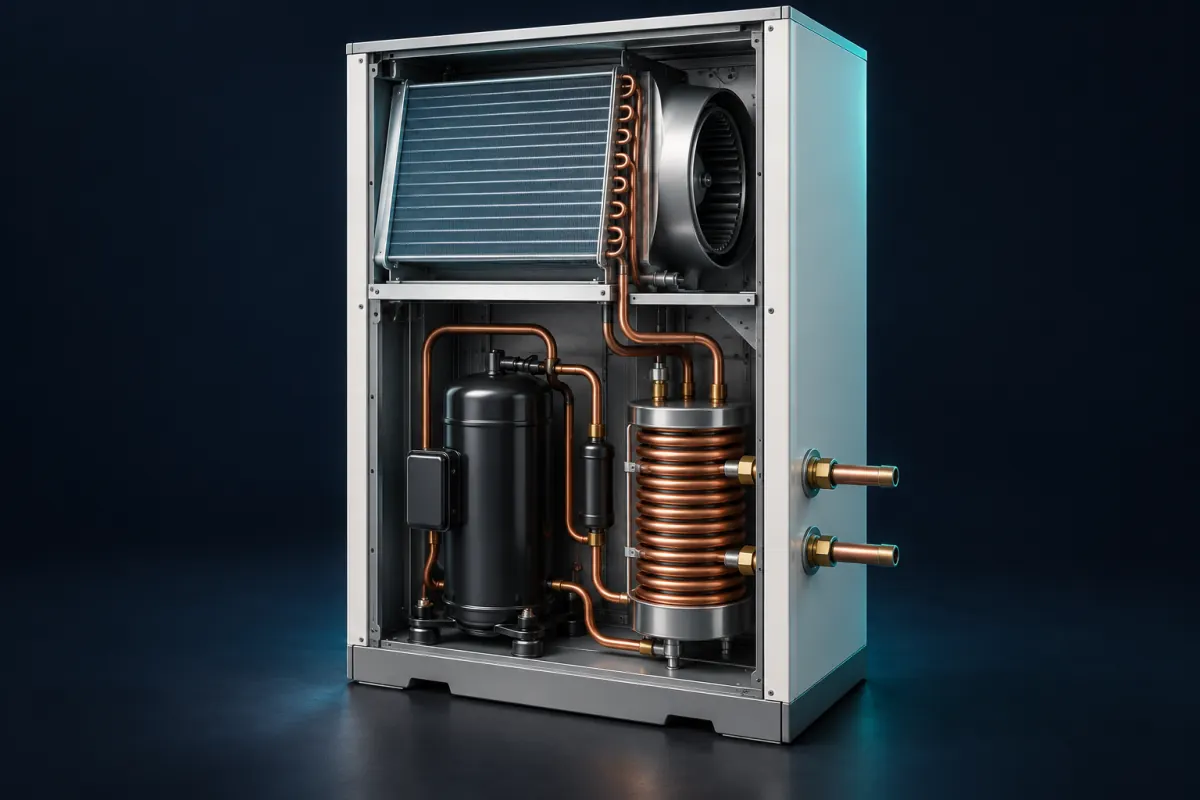 Illustration of a water-to-air heat pump cabinet with its panels off, showing the compressor, a coiled water-to-refrigerant heat exchanger with two water connections, and the air coil and blower above; not a photograph of an Epic Star job