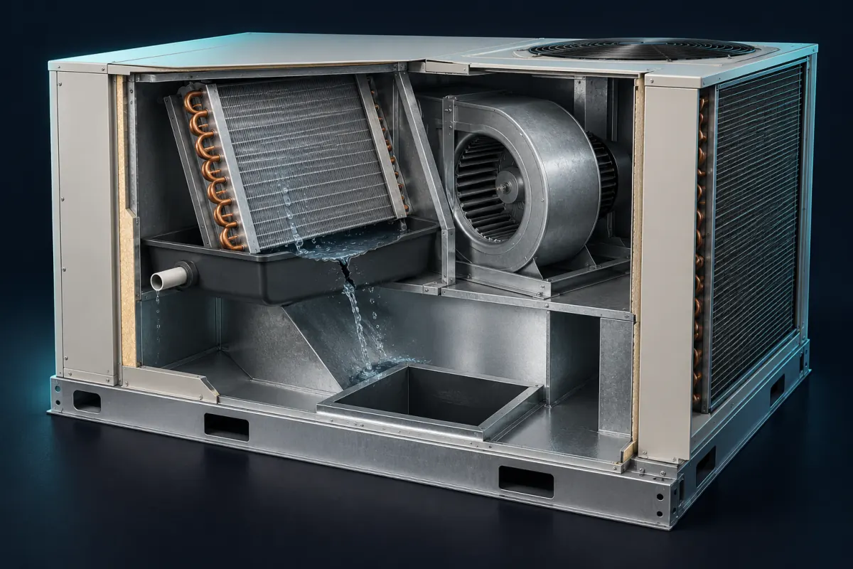 Illustration of a rooftop package unit cut open, with water escaping through a crack in the plastic drain pan under the indoor coil; not a photograph of an Epic Star job