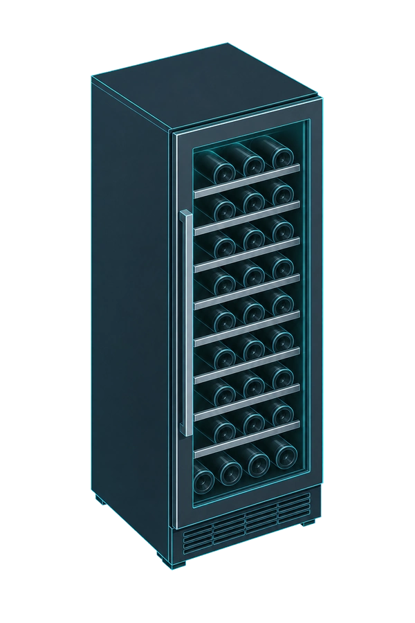 Ilustración isométrica de una vinoteca con puerta de vidrio y estantes para botellas