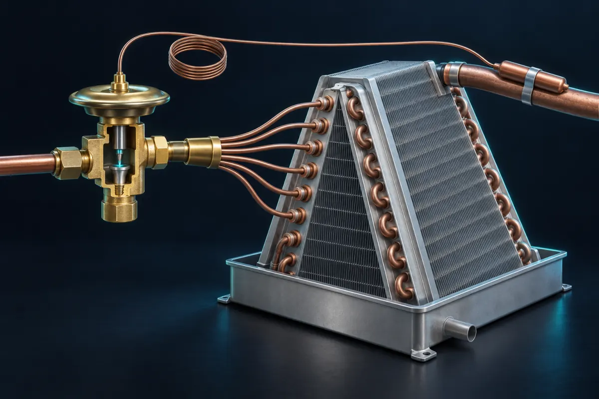 Cutaway illustration of a thermostatic expansion valve feeding an A-shaped evaporator coil through distributor tubes, with its sensing bulb clamped to the suction line; not a photograph of an Epic Star job