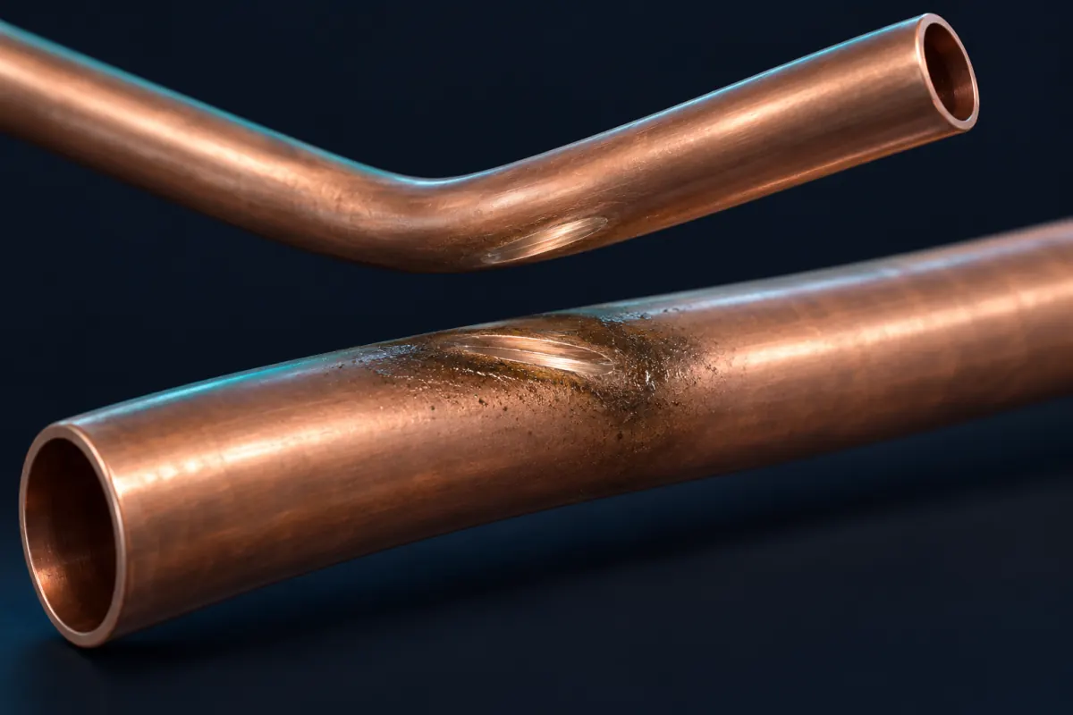 Illustration of two copper refrigerant tubes pulled slightly apart to show matching shiny wear spots where they rubbed, with oily dust around the worn area; not a photograph of an Epic Star job