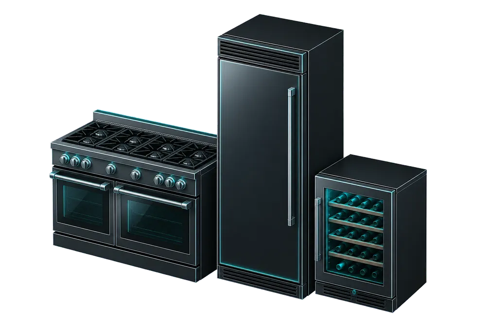 Ilustración estilizada de una línea de electrodomésticos de cocina premium; no se muestran modelos específicos