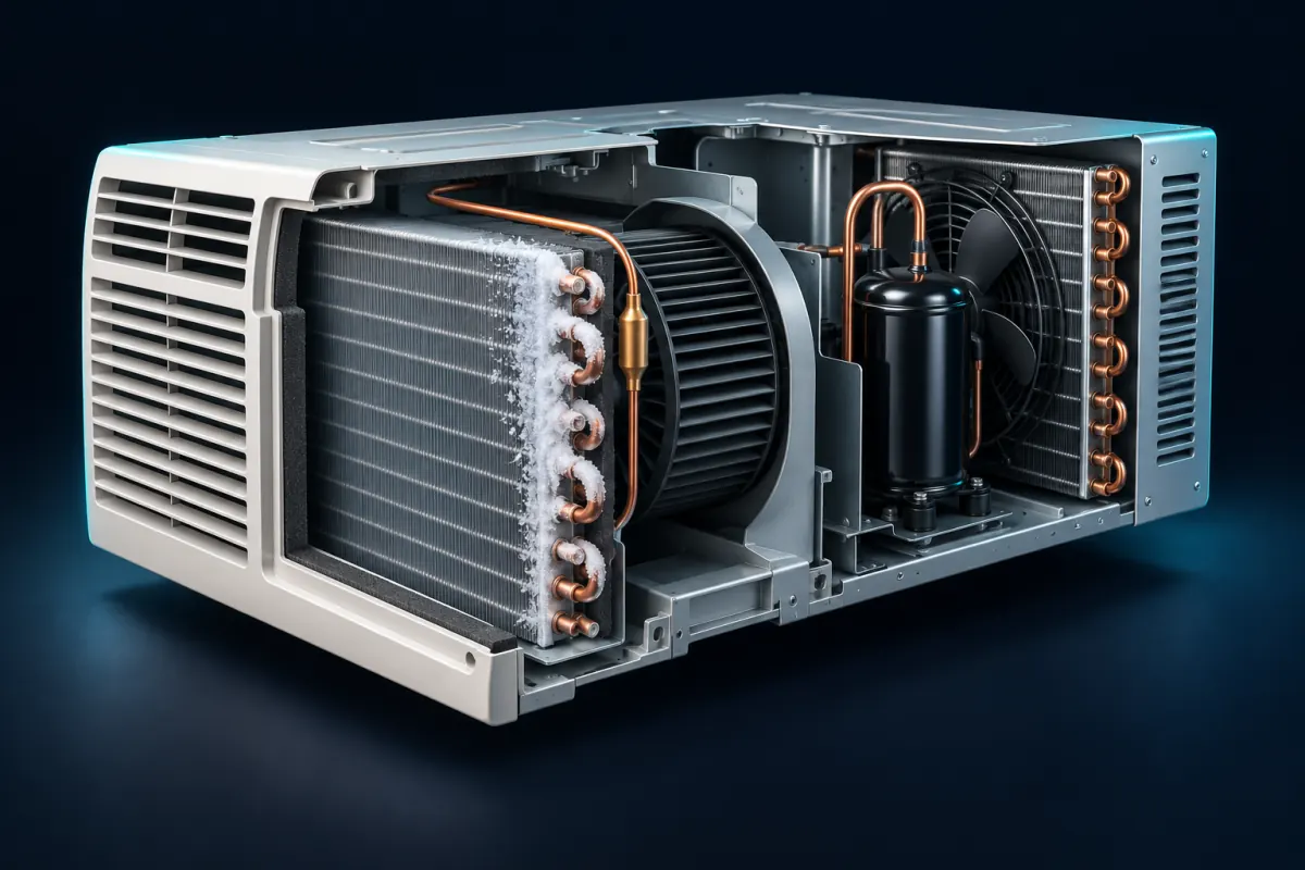 Illustration of a window air conditioner cut open, with frost on the copper bends at the end of its indoor coil; not a photograph of an Epic Star job