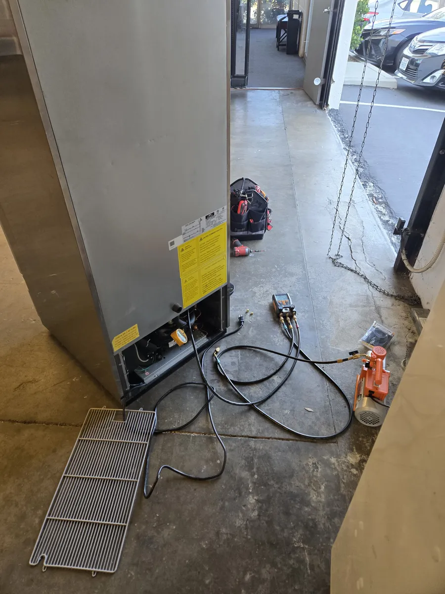 Commercial refrigerator refrigerant recharge by Epic Star technician in Fairfax, Los Angeles