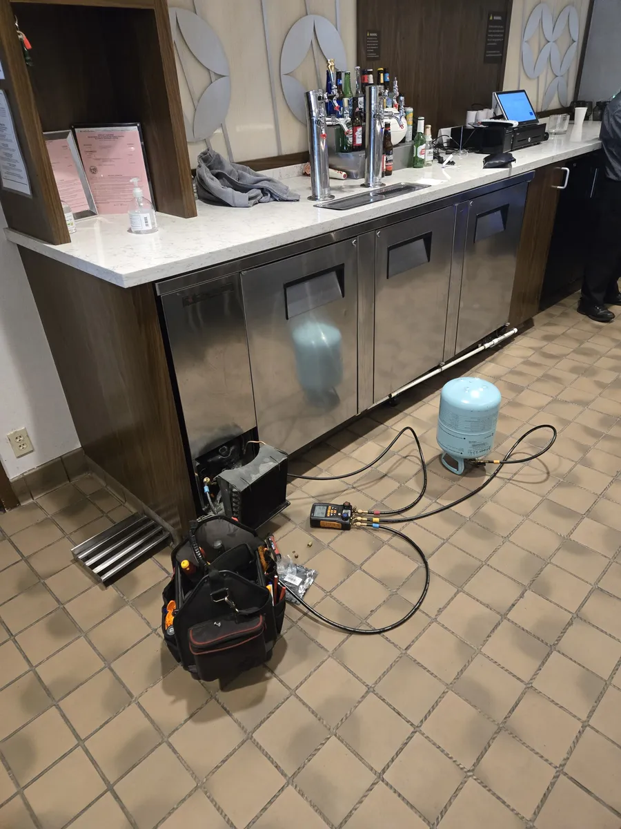 Hotel-restaurant refrigerator refrigerant recharge after leak repair by Epic Star in Beverly Hills, California